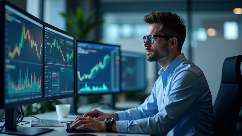 Écran de trading avec graphiques de marché financier en temps réel et tableaux de données